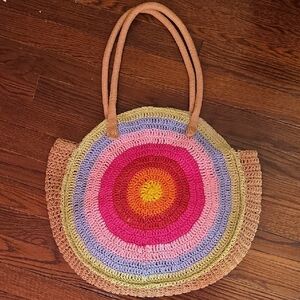 INC Round Crochet Multi-Color Straw Tote Bag - Pink/Yellow/Blue